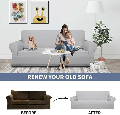 JIVINER Super Stretch Chair Slipcovers with Arms 1-Piece Jacquard Small Checks Living Room Armchair Covers Soft Anti Slip Sofa Couch Furniture Protector for Kids Pets (Chair, Light Gray and White)