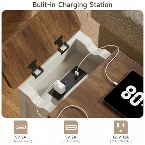 ONBRILL Rustic End Table with Charging Station, Narrow Side Table, White