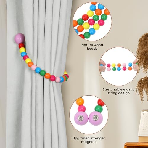 KLOGTSIND Magnetic Curtain Tiebacks, 4 Pack Wood Bead Curtain Holdbacks