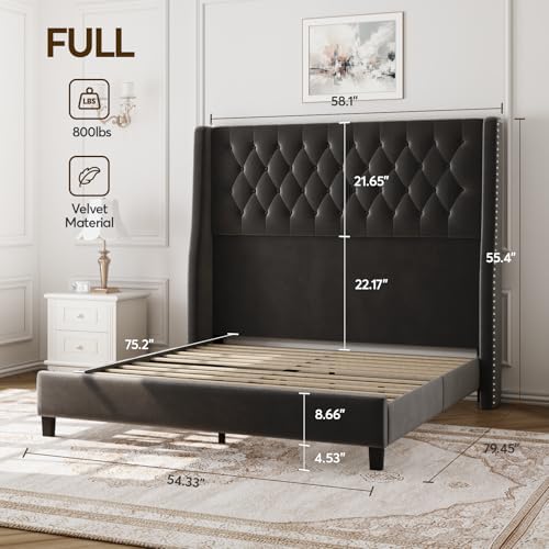 Full Upholstered Bed Frame, 55.4'' Tall Headboard with Wingback