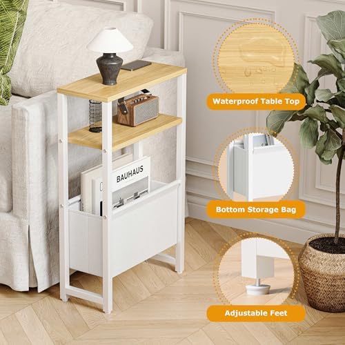 Narrow Side Table, Slim End Table with Magazine Rack, Skinny Bedside Table for Small Spaces, 3 Tier Sofa Couch Table Nightstand for Living Room, Bedroom, Natural LET503Y