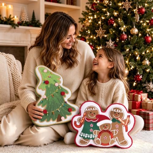 AELS Christmas Tree Pillow with Colorful Pom-pom, 16" Decorative Holiday Pillow, Embroidered Holiday Throw Pillows for Decor, Plush Tree Shaped Decorative Pillows for Living Room Bedroom Sofa, Green