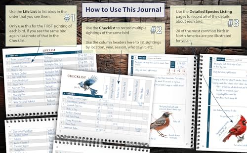 Bird Watching Journal with Life List & Checklist - Improve Your Observation Skills With This Birding Log Book With Illustrations of North America’s Most Common Birds. A Thoughtful Gift for Bird Lovers
