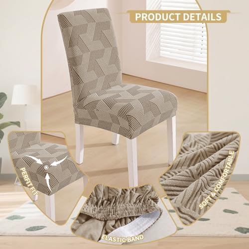 JIVINER Stretch Dining Chair Slipcovers Set of 2, Geometrical Jacquard Dining Chair Covers, Washable Kitchen Chair Covers for Dining Room, Hotel, Party, Khaki