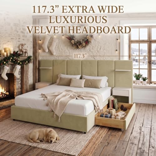 King Size Bed Frame with Storage & Built-in Nightstands & Drawers, Stone