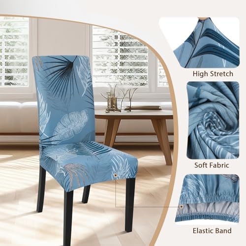 SearchI Summer Pattern Dining Room Chair Covers Set of 6, Stretch Printed Parsons Chair Slipcovers Spandex Removable Washable Kitchen Chair Protector Cover for Dining Room, Hotel, Ceremony (Blue)