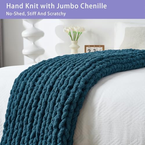 Bigacogo Chunky Knit Throw Blanket for Couch, 51x63 inches, Deep Sea Blue