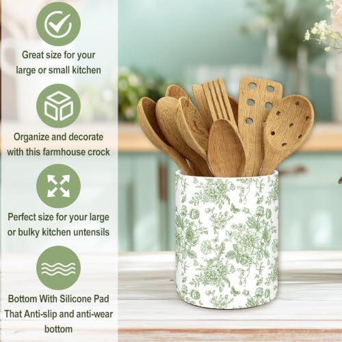 JarThenaAMCS Green Chinoiserie Floral Ceramic Utensil Holder Vintage Flower Butterfly Utensil Crock for Home Kitchen Countertop Storage Organizer Container