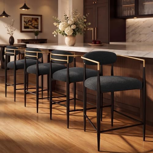 Morden Fort Counter Height Bar Stools Set of 2 with Gold Arms, Black Boucle