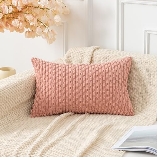 Kevin Textile Soft Corduroy 12"x20" Lumbar Pillow Covers 2 Pack, Baby Pink