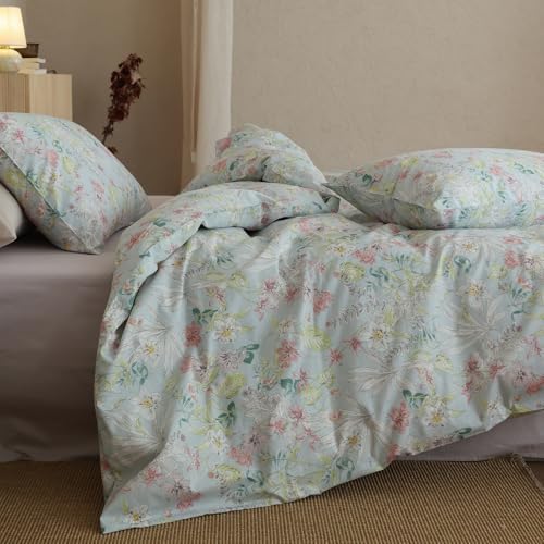 HighBuy Garden Floral Duvet Cover Twin XL,Ruffle 100% Cotton Blue Bedding Set with Colorful Floral Pattern for Girl College,Soft 100% Cotton Comforter Cover with Zipper,Breathable