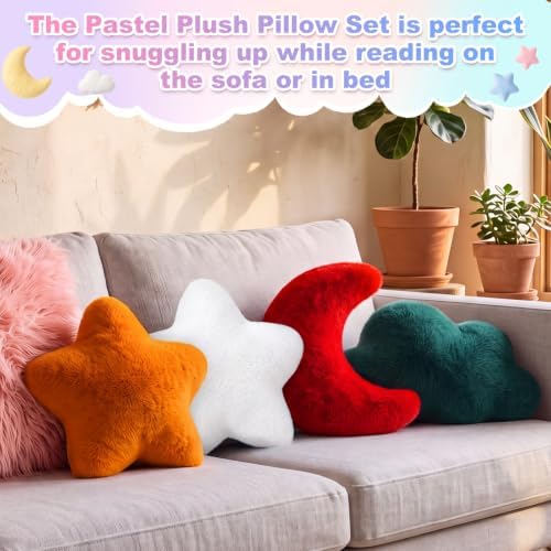 4 Pcs Plush Cloud Star Moon Throw Pillow Set, Brown, Burgundy, White, Green