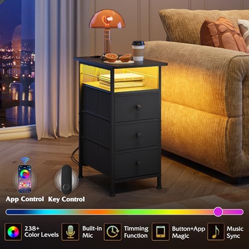 WLIVE Night Stand with Charging Station, End Table with 3 Fabric Drawers