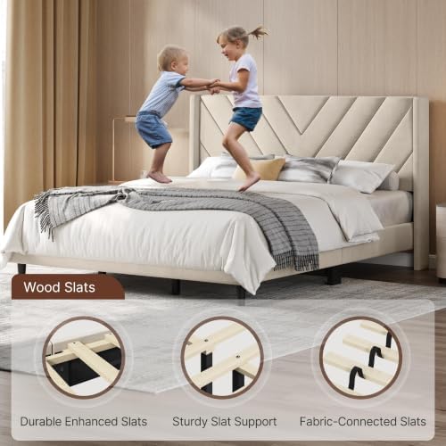 Yaheetech King Bed Frame with Chevron Channel-Tufted Headboard, Beige