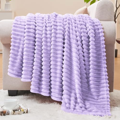 BEDELITE 3D Ribbed Pastel Lilac Fleece Twin Blanket for Couch, 60x80 Inch