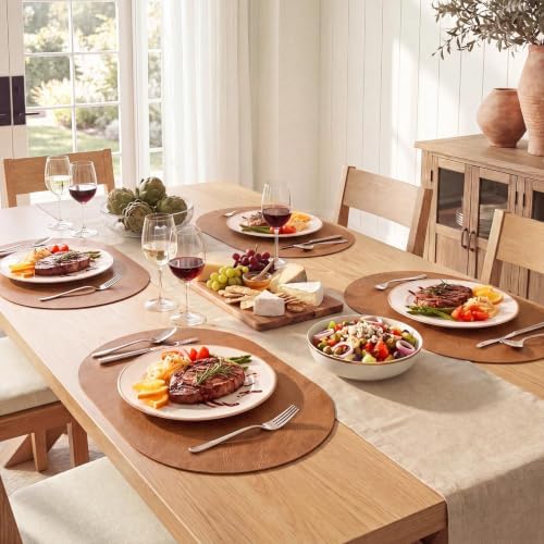MOSAYT Vinyl Faux Leather Oval Placemats, Set of 4, Reddish Brown