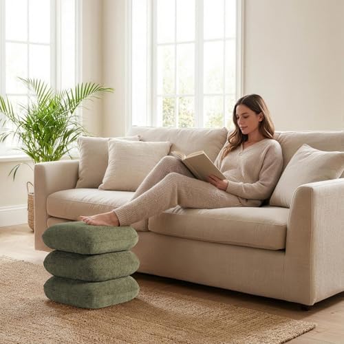 Get Set Style 360° Swivel Linen Ottoman, Modern Upholstered Foot Stool, Multifunctional Vanity Chair Accent Stool for Small Space, Living Room, Bedroom, Entryway, Olive Green