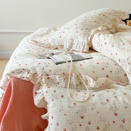 Red Flower Duvet Cover Set Muslin Cotton Full(80"x90"),Rabbit