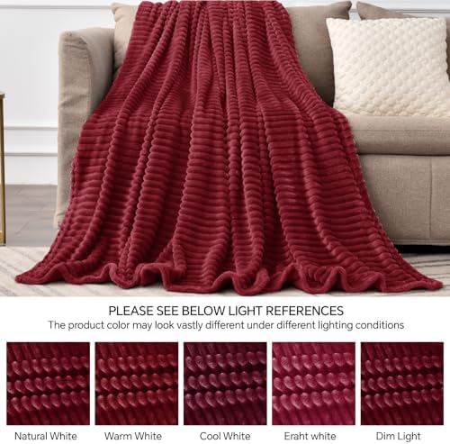 BEDELITE 3D Ribbed Burgundy Fleece Throw Blanket for Couch, 50x60 Inch