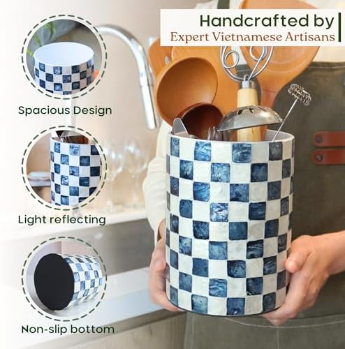 Chi An Home 7.4" + 5.8" Capiz Shell Mosaic Navy Blue Utensil Holders Set 2