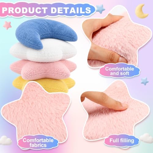 4 Pcs Plush Cloud Star Moon Throw Pillow Set, Blue, White, Pink, Yellow