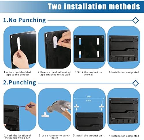 YONGAIJIA Bedside Shelf Wall Mount with Hooks, Cable Clips, No-Drill, Black