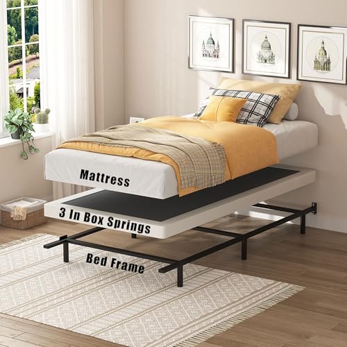 Twin Size Box Springs - 3 Inch Low Profile Mattress Foundation No Noise Heavy Duty Metal Basics Bed Base with Clean Fabric Cover, Easy Assembly