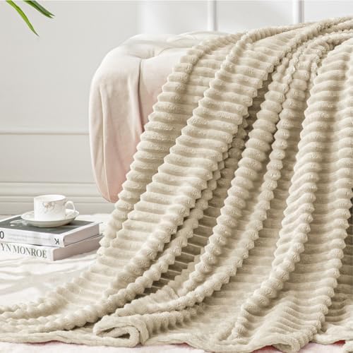 BEDELITE 3D Ribbed Linen Color Fleece Throw Blanket for Couch, 50x70 Inch