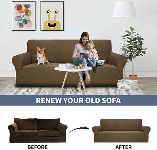 JIVINER High Stretch Couch Covers for 3 Cushion Couch 1-Piece Extra Large Sofa Covers with Elastic Bottom Anti Slip Elastic Sofa Slipcover Furniture Protector for Pets (XL Sofa, Brown)