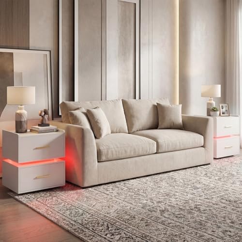 GIANTEX LED Night Stand Set 2 with Charging Station, Semi-Floating Bedside Table w/2 Storage Drawers, USB & Type-C Ports, Modern Couch End Sofa Side Table for Bedroom Small Spaces (White)