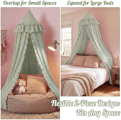SmoothNovelty Gingham Plaid Bed Canopy, Green White, Round
