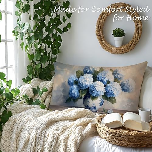 Blue Chinoiserie Hydrangea Floral Lumbar Pillow Cover 12x20 Double-Sided, Grandmillennial Decor, Vintage Farmhouse Spring Flower Decorative Throw Pillow Cover for Living Room Home Bedroom