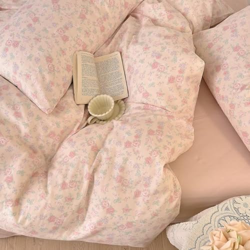 Pink Floral Twin Size Duvet Cover Soft 100% Cotton Double Layer Muslin Comforter Cover Set for Teen Girls Kids,Pink Flower Bedding Set 3 Pieces,Includes 1 Duvet Cover& 2 Pillowcases