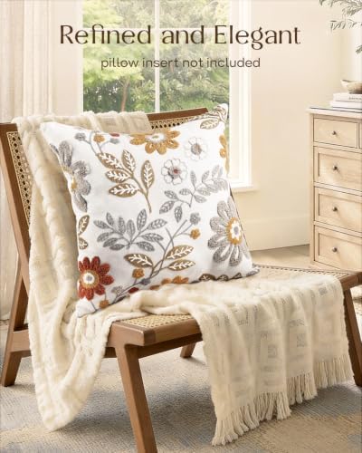 Fall Embroidered Throw Pillow Cover 20x20 Inch, Amber Blooms