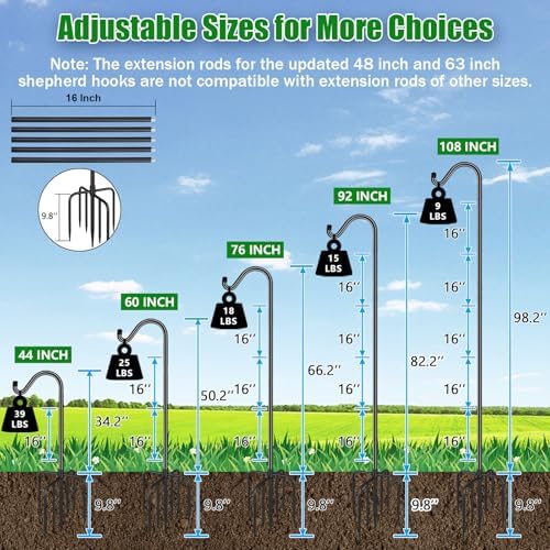 FEED GARDEN Adjustable Shepherd Hook Bird Feeder Pole with 7 Prongs Base, 108 Inch Tall 5/8 Inch Thick, Heavy Duty Outdoor Garden Poles for Hanging Bird Feeders, Plant Baskets, Black (2 Pack)