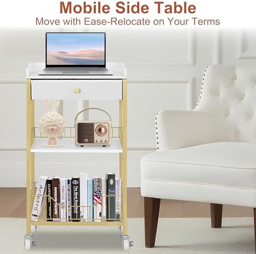 Gold Side Table, Narrow Side Table with Drawer, Gold & White