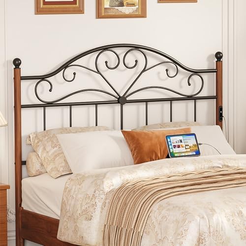 Full Size Headboard with Charger Stations, Vintage Metal Headboard Only