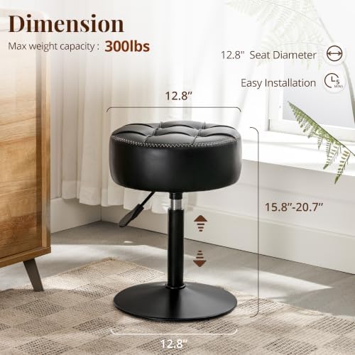 LUE BONA Adjustable Vanity Stool 15.8"-20.7", 360° Swivel Faux Leather Chair, 300lbs Capacity for Makeup Room, Bathroom, Living Room, Black
