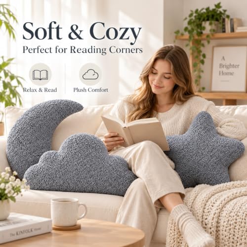 3 Pack Cloud Moon Star Shaped Throw Pillows 16 Inch Gray Plush Pillow Set