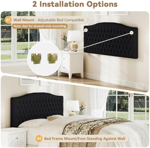 Befurtori King Headboard Only, Velvet Classic Tufted Design, Black