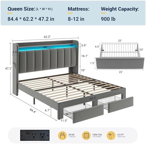 Allewie Queen Bed Frame with 2-Tier Storage Headboard & 2 Large Drawers