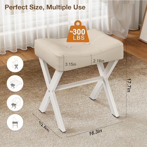 Memobarco 18-Inch Leather Vanity Stool Chair, Beige Makeup Stool