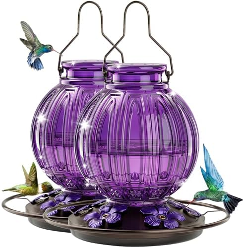 2 Pack Glass Hummingbird Feeder for Outdoors Hanging, Bird Nectar Feeder with Perch & 5 Flower Feeding Ports, 26 Oz Leak Proof for Outside Garden Decor Backyard, Gifts for Women Mom, Purple