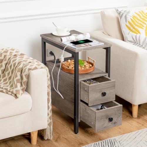 HOOBRO End Table with Charging Station, Narrow Side Table with 2 Drawers & USB Ports & Power Outlets, Nightstand for Small Spaces, Bedroom, Living Room, Stable and Sturdy, Greige and Black BG541BZ01