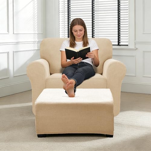 2 Piece Stretch Chair and Ottoman Cover Set, Jacquard Accent Armchair and Foot Stool Slip Cover, Non-Slip Slipcover for Chair with Footrest (Beige,2 Pieces Set)