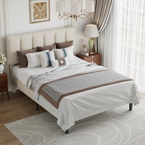 VECELO Queen Size Bed Frame with Upholstered Headboard, Pale Beige