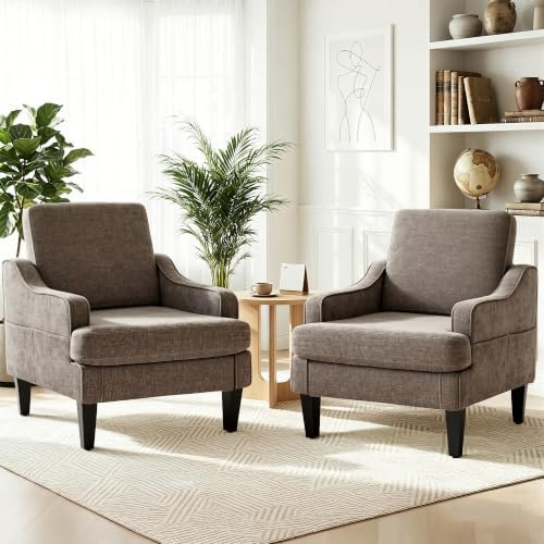 Set of 2 Accent Chair for Living Room,Mid-Century Arm Chair Chenille Fabric Living Room Chairs,Upholstered Reading Chair for Bedroom,Single Sofa Chair with Wood Legs for Apartment (Brown)