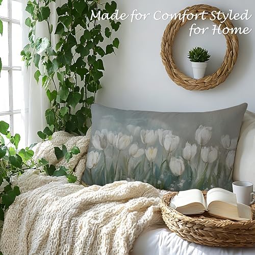 Vintage White Tulip Floral Pillow Cover 12x20, French Country Farmhouse Cottagecore Botanical Flower Decorative Lumbar Pillow Cover for Couch Bed Living Room Bedroom