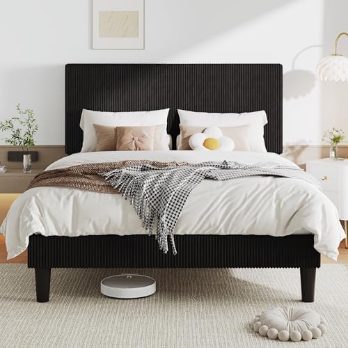 Allewie Full Bed Frame, Corduroy Tufted Headboard, Black