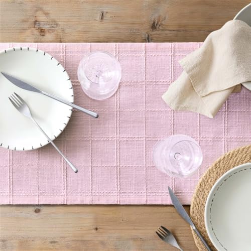 ZeeMart Linen Checked Farmhouse Table Runner, 13x72 Inches Pink